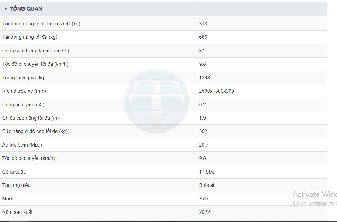 Thông số kỹ thuật của xe xúc trượt Bobcat S70 